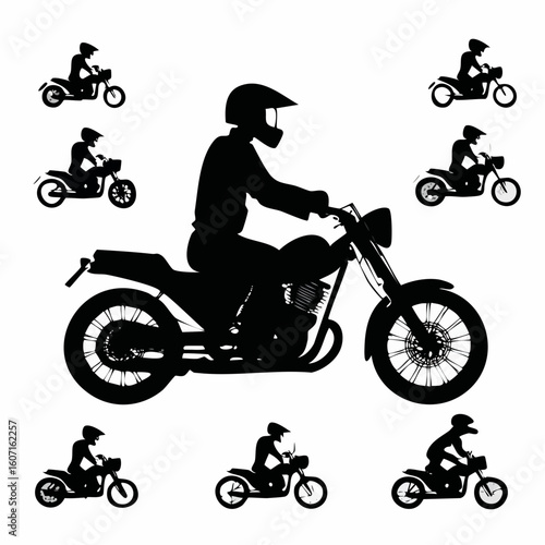 Motorcycle riders in silhouette showcasing various motorbike styles and poses
