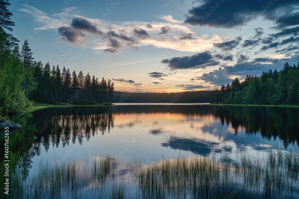 Fototapeta premium Serene lake at sunset. Peaceful reflections on still water, edged by green forest. Clouds in soft pastel hues