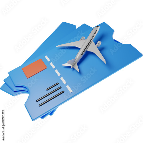 Air travel and tourism concept with a miniature aircraft on flight boarding passes. 3D render isolated on a white background.