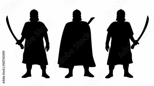 Three silhouettes of warriors with helmets and swords in a dark and mysterious looking illustration | editable eps vectors