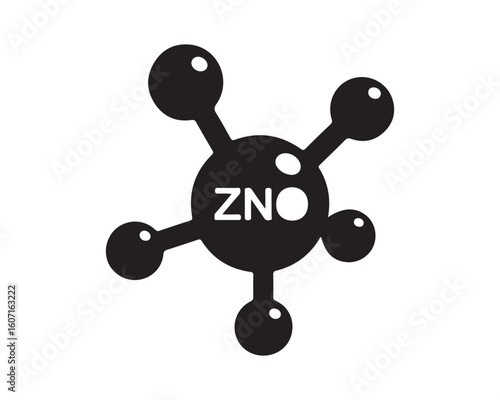 Illustration of a black zinc oxide molecule structure with white lettering on a white background