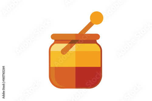 Honey Jar with Wooden Dipper Illustration on a White Background