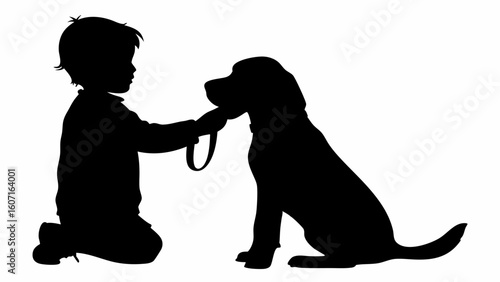 Silhouette of a boy kneeling and holding a dog leash with a dog sitting next to him on a white background | editable eps vectors