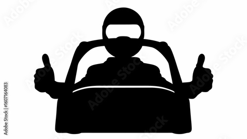 Silhouette of a person with helmet driving a vehicle and giving thumbs up with both hands symbolising approval | editable eps vectors