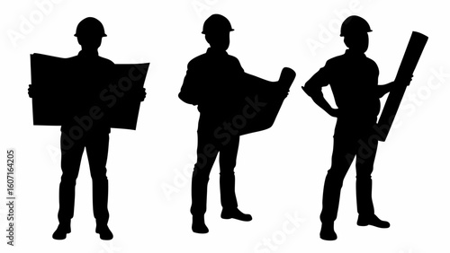 Three silhouettes of architects in hard hats reviewing blueprints and holding rolled plans on white background | editable eps vectors