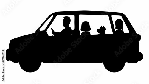 Silhouette of a family car with a driver, child, and dog on a road trip adventure together on vacation | editable eps vectors