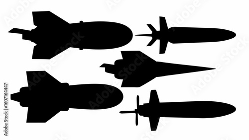 A collection of various silhouette designs of missiles and bombs in a vector graphic style image | editable eps vectors
