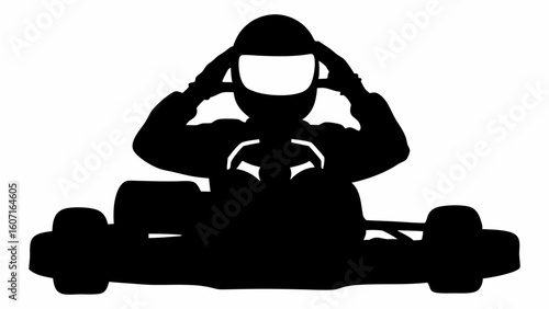 Silhouette of a go kart racer adjusting helmet visor preparing for the race on a white background | editable eps vectors