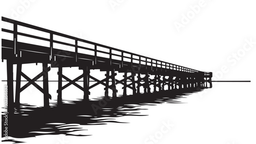 Black and white illustration of a long pier extending into the water