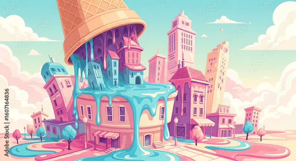 Fototapeta premium Surreal cityscape with buildings emerging from a tipped ice cream cone, melting into the streets, creating a whimsical, dreamlike scene.