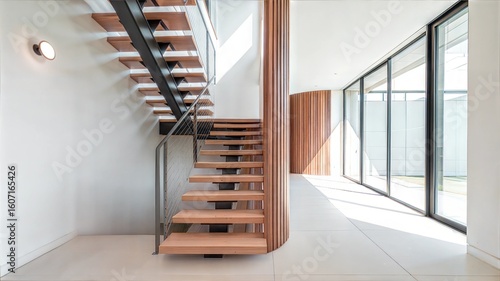 Open-riser staircase with light wood treads and black metal frame  featuring curved wooden support column and stainless steel handrail. 