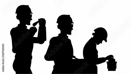 Silhouette of three workers in hard hats performing tasks in a factory setting on a white background | editable eps vectors