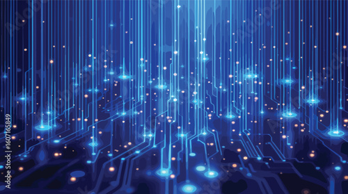 Abstract digital circuit board depicting data flow and technological connectivity in blue tones.