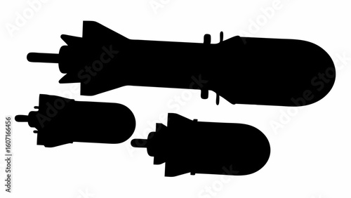 Silhouette of three bombs of varying sizes with tail fins and cylindrical bodies aligned together nicely