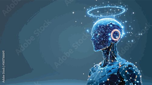 Abstract digital concept of an ai humanoid with a glowing halo in blue tones.