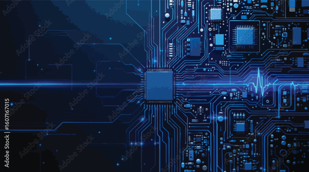Fototapeta premium Abstract digital technology background displaying computer chip and electronic circuitry design.