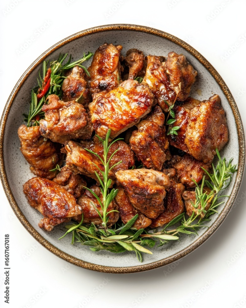 Fototapeta premium Grilled Ribs in Bowl with Rosemary, Top View of Glazed Meat