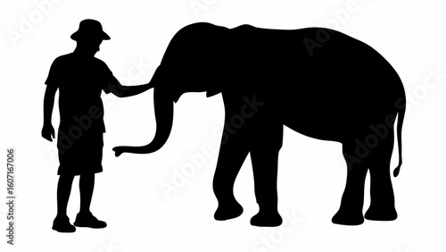 Silhouette of a man in hat touching the trunk of a large elephant in black and white illustration