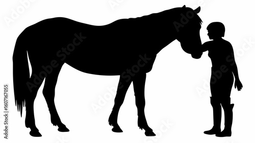 Silhouette of a horse and rider interacting in a monochrome image with a plain background scene view