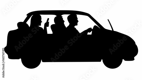 Silhouette of a car with three people inside one using a phone while the driver is driving along road