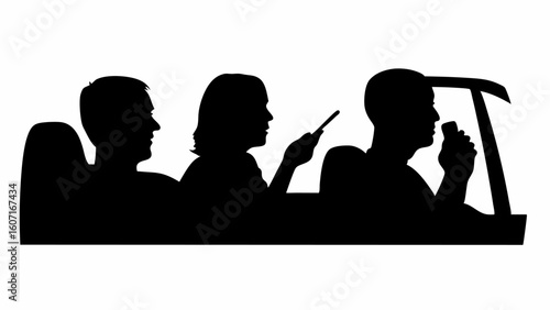 Silhouette of three people riding in a car with one holding a phone and another pointing a stick out 100