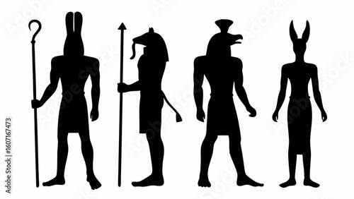 Silhouette depiction of four ancient egyptian deities standing side by side on a white background