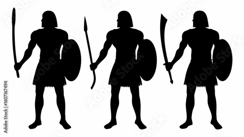 Silhouettes of three ancient warriors with shields and weapons in a stark black and white image
