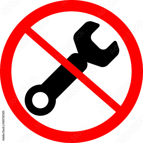 No Repair Sign, No Maintenance Symbol, Do Not Modify Icon, No Tools Allowed. A black wrench (spanner) icon inside a red prohibition circle.