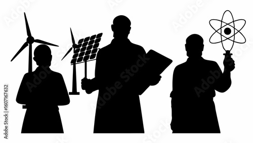 Silhouettes of scientists with wind turbines, solar panels, and an atom model depicted in black