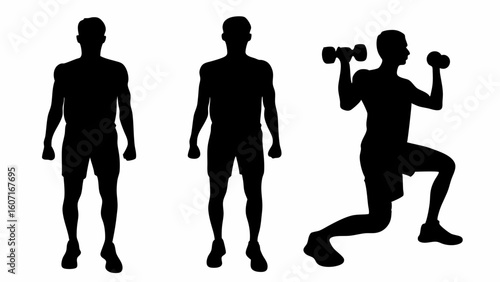 Silhouette of a man standing and doing lunges with dumbbells in a fitness exercise routine