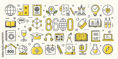 Collection of 80 line icons showcasing diverse educational items like globes, calculators, and school supplies..eps