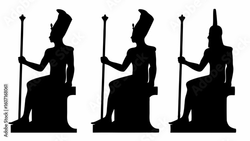 Three black silhouettes of egyptian pharaohs seated on thrones holding scepters in their hands | editable eps vectors