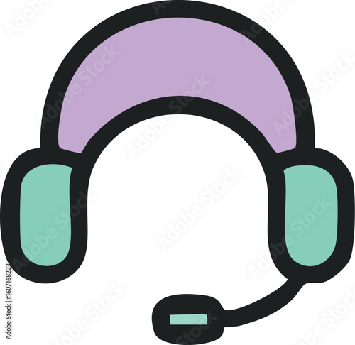 A stylized graphic icon of a headset with a microphone, featuring purple and teal colors for audio communication.