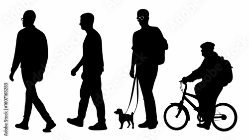 Silhouette of people walking with dog and riding bike in black and white vector illustration art | editable eps vectors
