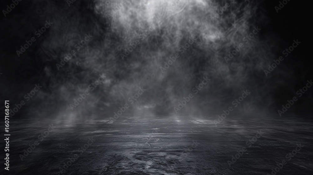 Fototapeta premium Dark, foggy landscape with cracked ground and thick mist under a dramatic black sky.