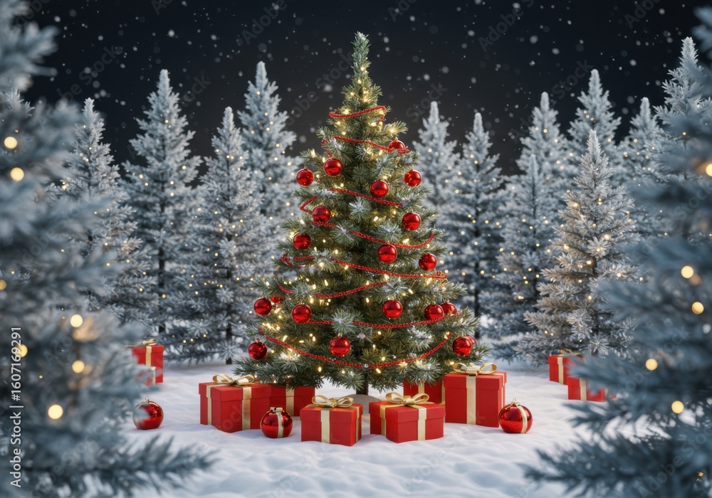 Obraz premium Enchanted winter forest christmas tree surrounded by gifts and twinkling lights
