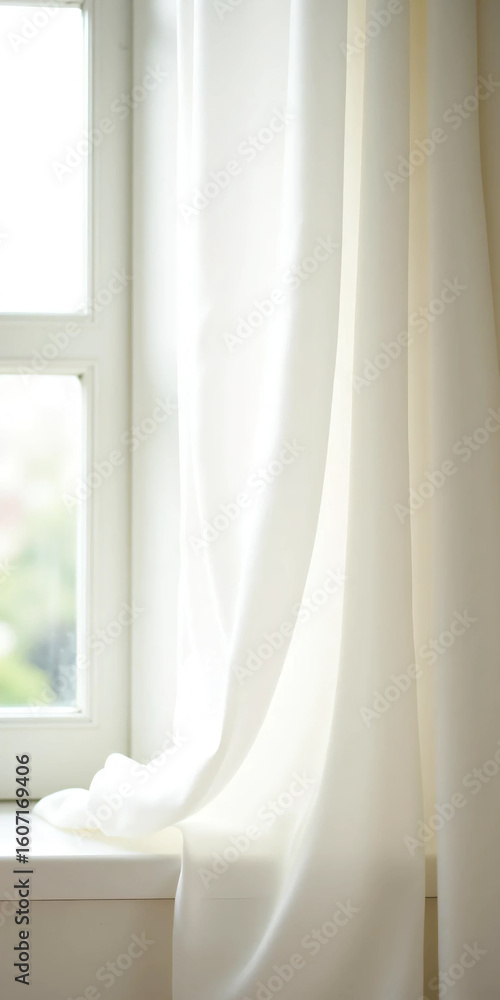 Fototapeta premium Neutral curtains gently blowing through an open window in a peaceful, light-filled interior with soft natural tones and elegant daylight - ideal for real estate and lifestyle home branding visuals