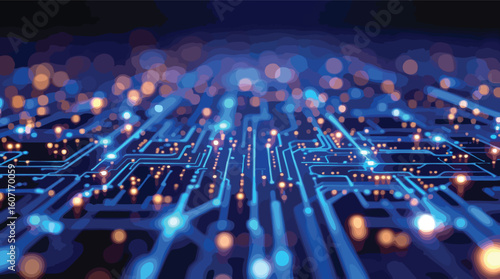 Futuristic abstract circuit board design with glowing lights and digital technology concept.