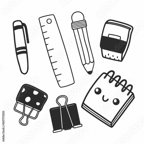 Cute and Trendy Back to School Stationery Icons – Flat Vector Set