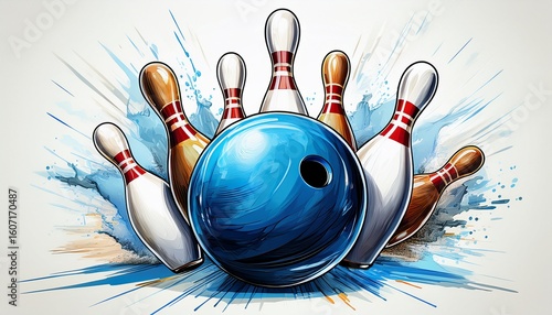 bowling strike concept blue bowling ball hits bowling pins white background