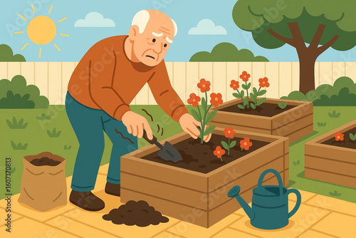 Older Man with Parkinson’s Planting Flowers in Garden