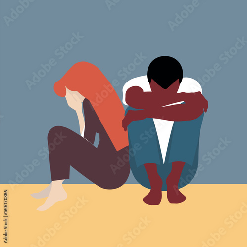 Couple in conflict mental health concept illustration. A depressed black man sits near woman, embracing his knees, moment of despair. Self-flagellation, paranoia anxiety fears mental health concept.