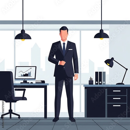 Professional businessman in a suit standing in a modern office with a city view. Concept of corporate leadership and success.