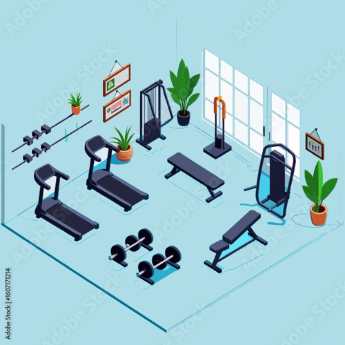 Isometric Home Gym Interior with Modern Fitness Equipment