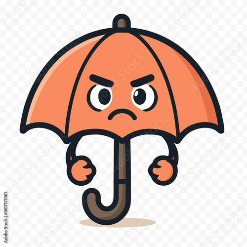 A whimsical illustration of a personified orange umbrella, depicted with a visibly angry expression
