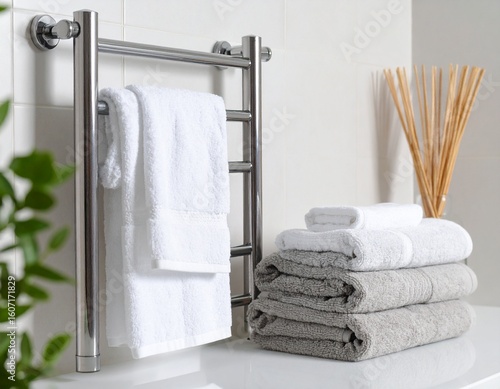 Minimalist bathroom scene- pale grey heated towel rail, matte white electric towel
