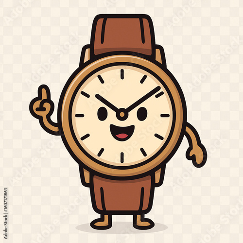 A charismatic, round anthropomorphic wristwatch character, with a light-colored face and a rich brown strap, winks playfully.