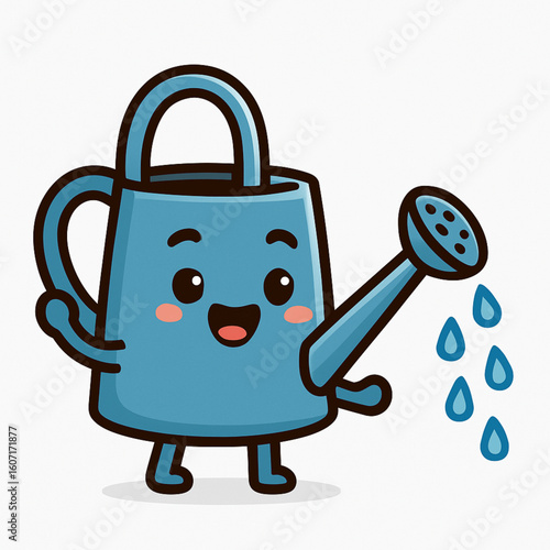 A cheerful, light blue anthropomorphic watering can character, with a joyful face and flushed cheeks, playfully dispenses water droplets from its spout