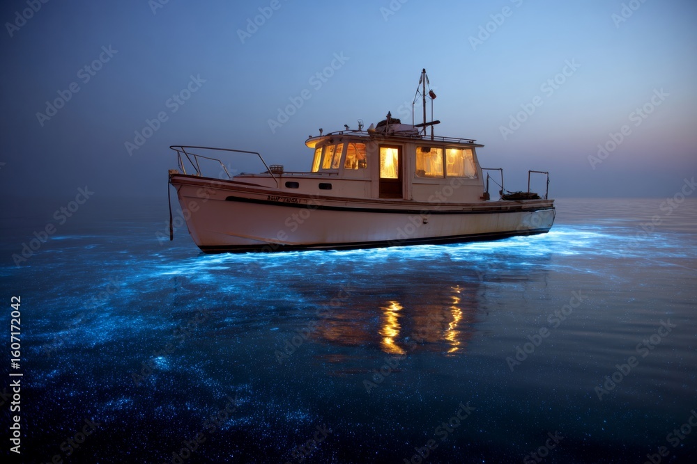 Obraz premium Twilight boating: bioluminescent lights echoing natural beauty. Solar boat lights. Integrating modern communication with traditional maritime safety. Harbor safety. Sea communication.