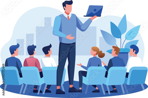 Business presentation with laptop and audience